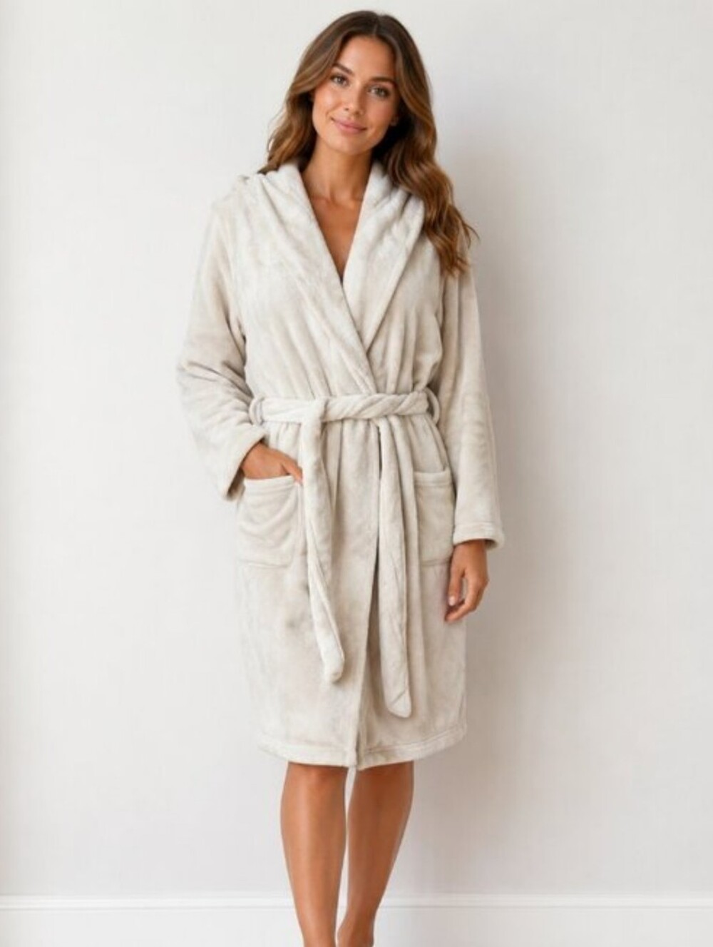 summer & rose Plush Hooded Robe in Beige